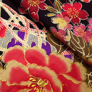 義若オリジナル鯉口シャツ、ダボシャツ　金彩牡丹と桜